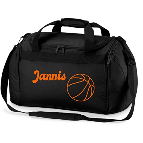 Sporttasche mit Namen Bedruckt für Kinder | Personalisierbar mit Motiv Basketball | Reisetasche Duffle Bag für Mädchen und Jungen Sport (schwarz) von minimutz