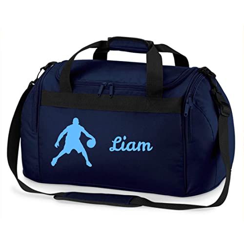 Sporttasche mit Namen Bedruckt für Kinder | Personalisierbar mit Motiv Basketball Spieler | Reisetasche Duffle Bag für Jungen Mädchen Sport (dunkelblau) von minimutz