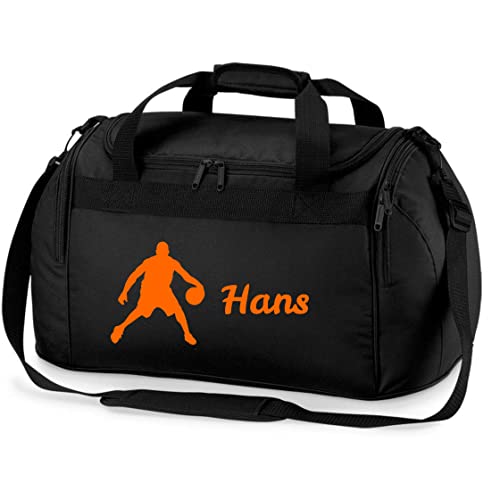 Sporttasche mit Namen Bedruckt für Kinder | Personalisierbar mit Motiv Basketball Spieler | Reisetasche Duffle Bag für Jungen Mädchen Sport (schwarz) von minimutz