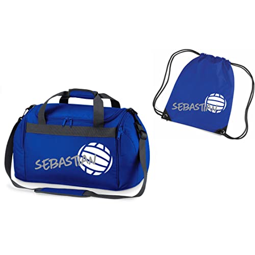 Sporttasche mit Namen Bedruckt für Kinder | Personalisierbar mit Motiv Volleyball | Reisetasche Duffle Bag für Mädchen und Jungen (Royalblau INKL. passender Turnbeutel) von minimutz