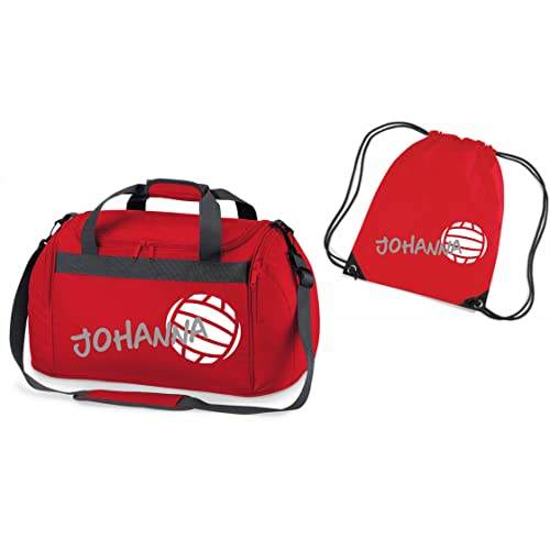 Sporttasche mit Namen Bedruckt für Kinder | Personalisierbar mit Motiv Volleyball | Reisetasche Duffle Bag für Mädchen und Jungen in Schwarz, Blau, Grün, Pink, Rot (Rot INKL. passender Turnbeutel) von minimutz