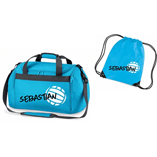 Sporttasche mit Namen Bedruckt für Kinder | Personalisierbar mit Motiv Volleyball | Reisetasche Duffle Bag für Mädchen und Jungen in Schwarz, Blau, Grün, Pink, Rot (Türkis INKL. passender Turnbeutel) von minimutz