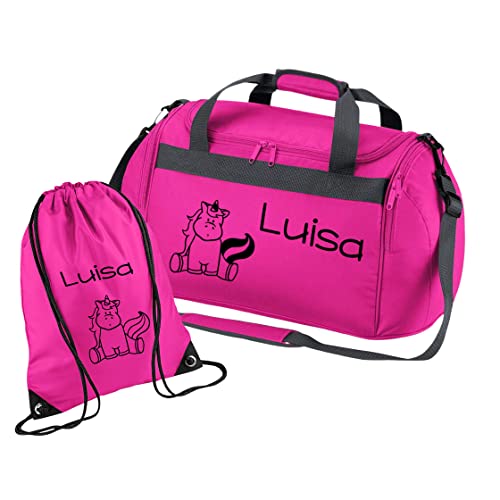minimutz Sporttasche mit Namen für Mädchen | Motiv Einhorn für Kinder | Personalisieren & Bedrucken | Reisetasche Umhängetasche Duffle Bag (pink 2-TLG. mit passendem Turnbeutel) von minimutz