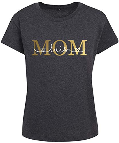 T-Shirt Mama Est mit Namen personalisiert | Mom Shirt mit Datum und Kindername & Herzschrift | mehrfarbiger Druck mit glänzend Gold rosé Silber (dunkelgrau, M) von minimutz