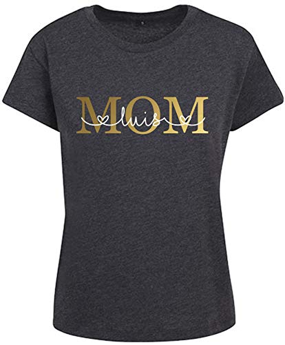 T-Shirt Mama Est mit Namen personalisiert | Mom Shirt mit Datum und Kindername & Herzschrift | mehrfarbiger Druck mit glänzend Gold rosé Silber (dunkelgrau, S) von minimutz