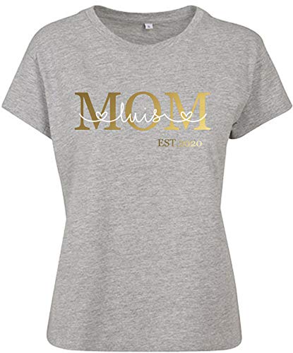 T-Shirt Mama Est mit Namen personalisiert | Mom Shirt mit Datum und Kindername & Herzschrift | mehrfarbiger Druck mit glänzend Gold rosé Silber (hellgrau, L) von minimutz