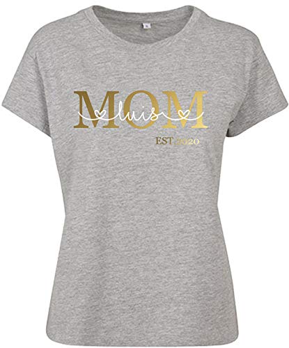 T-Shirt Mama Est mit Namen personalisiert | Mom Shirt mit Datum und Kindername & Herzschrift | mehrfarbiger Druck mit glänzend Gold rosé Silber (hellgrau, S) von minimutz