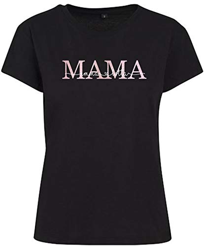 T-Shirt Mama Est mit Namen personalisiert | Mom Shirt mit Datum und Kindername & Herzschrift | mehrfarbiger Druck mit glänzend Gold rosé Silber (schwarz, M) von minimutz