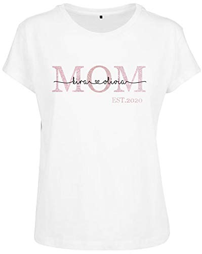 T-Shirt Mama Est mit Namen personalisiert | Mom Shirt mit Datum und Kindername & Herzschrift | mehrfarbiger Druck mit glänzend Gold rosé Silber (weiß, L) von minimutz