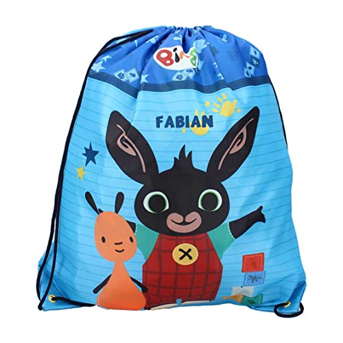 Turnbeutel Kinder mit eigenem Name | Motiv Hase Bing mit Flop | Sportbeutel zum Zuziehen Kinder-Rucksack Kinderserie | personalisierbar mit Wunschaufdruck von minimutz