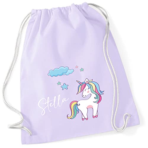 Turnbeutel Mädchen mit Namen Einhorn | Motiv Unicorn Wolke Sterne | Personalisierter Stoffbeutel mit Kordel (Pastell lila) von minimutz