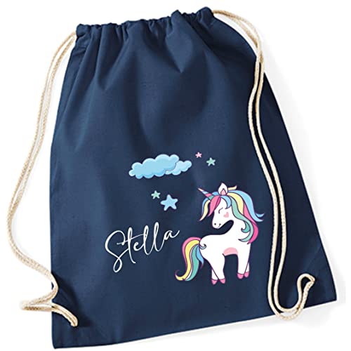 Turnbeutel Mädchen mit Namen Einhorn | Motiv Unicorn Wolke Sterne | Personalisierter Stoffbeutel mit Kordel (dunkelblau) von minimutz