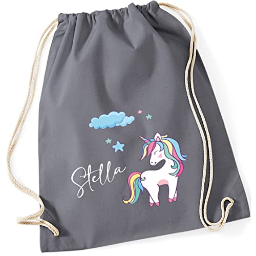 Turnbeutel Mädchen mit Namen Einhorn | Motiv Unicorn Wolke Sterne | Personalisierter Stoffbeutel mit Kordel (grau) von minimutz