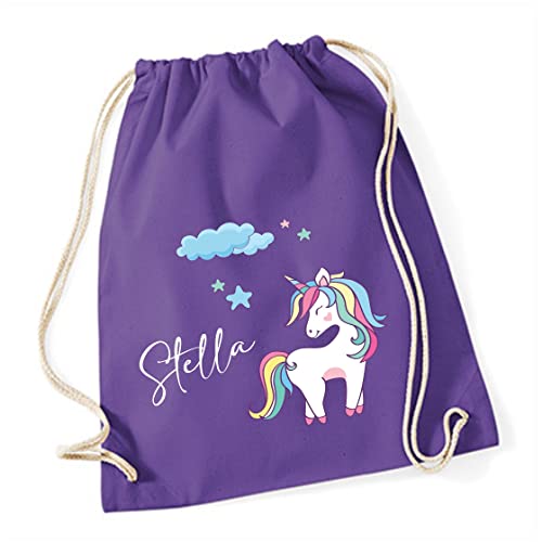 Turnbeutel Mädchen mit Namen Einhorn | Motiv Unicorn Wolke Sterne | Personalisierter Stoffbeutel mit Kordel (lila) von minimutz