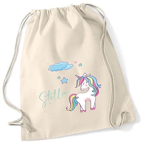 Turnbeutel Mädchen mit Namen Einhorn | Motiv Unicorn Wolke Sterne | Personalisierter Stoffbeutel mit Kordel (natur) von minimutz