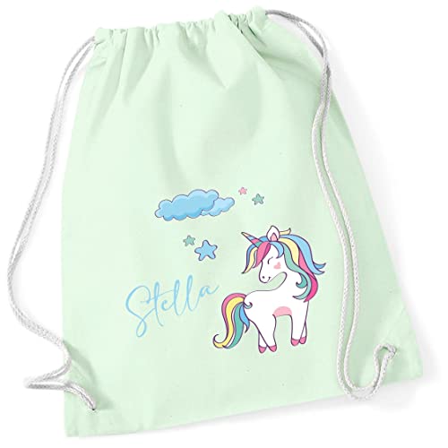 Turnbeutel Mädchen mit Namen Einhorn | Motiv Unicorn Wolke Sterne | Personalisierter Stoffbeutel mit Kordel (pastell grün) von minimutz