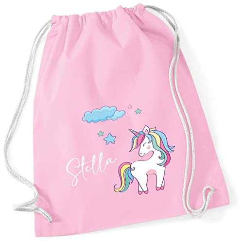 Turnbeutel Mädchen mit Namen Einhorn | Motiv Unicorn Wolke Sterne | Personalisierter Stoffbeutel mit Kordel (rosa) von minimutz