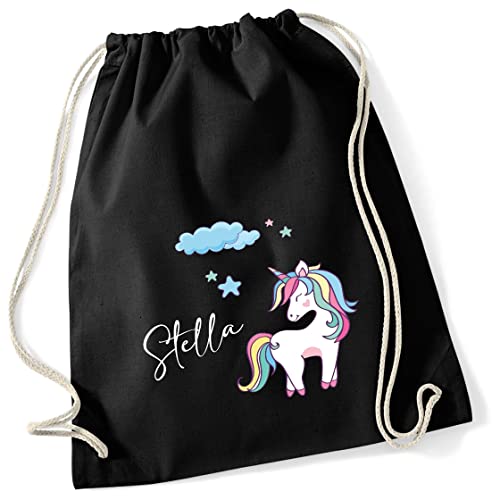 Turnbeutel Mädchen mit Namen Einhorn | Motiv Unicorn Wolke Sterne | Personalisierter Stoffbeutel mit Kordel (schwarz) von minimutz