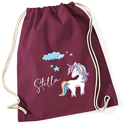 Turnbeutel Mädchen mit Namen und Einhorn | Motiv Unicorn Wolke Sterne | Personalisierter Stoffbeutel mit Kordel (burgund) von minimutz