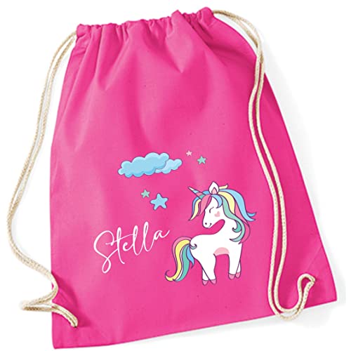 Turnbeutel Mädchen mit Namen und Einhorn | Motiv Unicorn Wolke Sterne | Personalisierter Stoffbeutel mit Kordel (pink) von minimutz