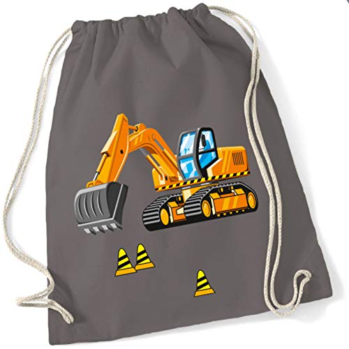 Turnbeutel für Jungen | Motiv Bagger & Baustelle | Stoffbeutel aus Baumwolle zum Zuziehen für Kinder | Zuziehrucksack mit Kordel (grau) von minimutz