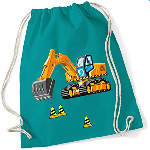 Turnbeutel für Jungen | Motiv Bagger & Baustelle | Stoffbeutel aus Baumwolle zum Zuziehen für Kinder | Zuziehrucksack mit Kordel (türkis) von minimutz