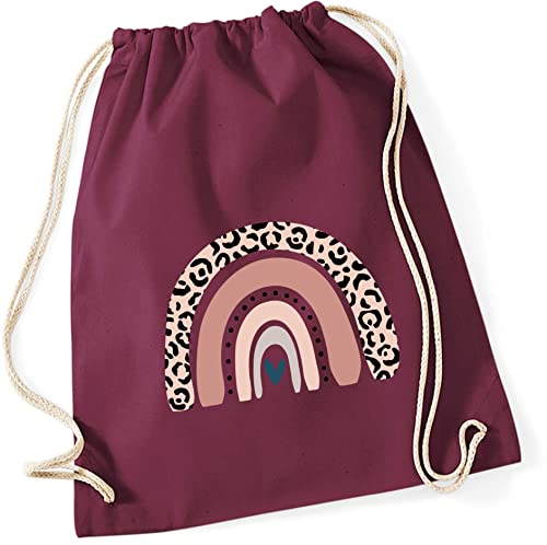 Turnbeutel für Kinder Baumwolle mit Regenbogen in Rosé | Motiv LEO-Print für Mädchen | Stoffbeutel Rucksack zum Zuziehen mit Kordel (burgund) von minimutz