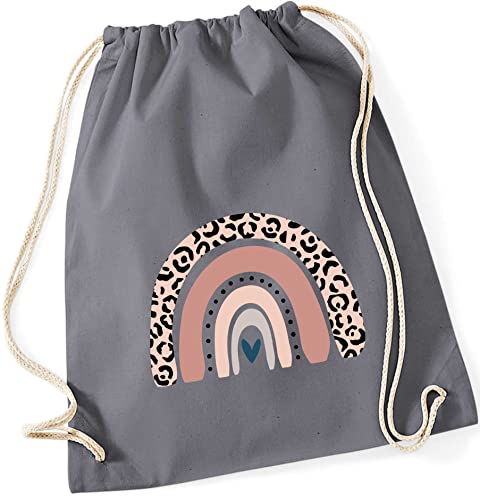 Turnbeutel für Kinder Baumwolle mit Regenbogen in Rosé | Motiv LEO-Print für Mädchen | Stoffbeutel Rucksack zum Zuziehen mit Kordel (grau) von minimutz