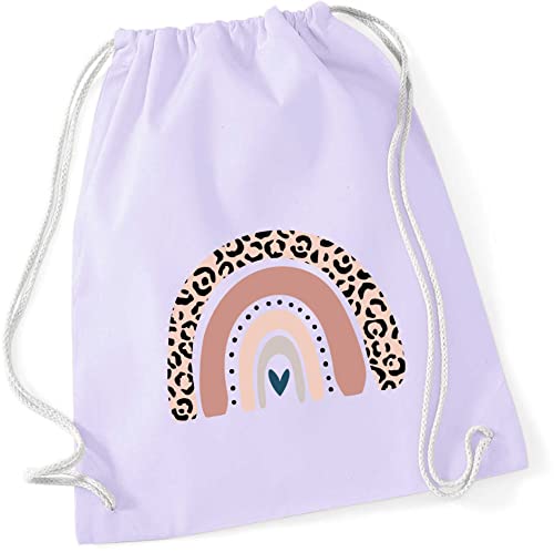 Turnbeutel für Kinder Baumwolle mit Regenbogen in Rosé | Motiv LEO-Print für Mädchen | Stoffbeutel Rucksack zum Zuziehen mit Kordel (pastelllila) von minimutz