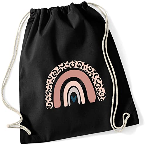 Turnbeutel für Kinder Baumwolle mit Regenbogen in Rosé | Motiv LEO-Print für Mädchen | Stoffbeutel Rucksack zum Zuziehen mit Kordel (schwarz) von minimutz