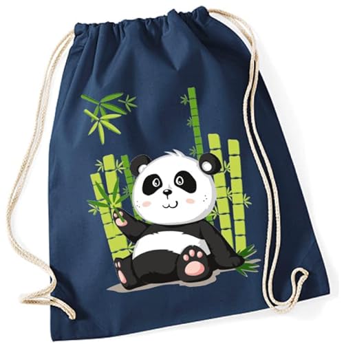 Turnbeutel für Kinder | Motiv Panda Paul mit Bambus | Schuhbeutel Sportrucksack Jutebeutel zum Zuziehen für Mädchen & Jungen | Stoffbeutel mit Kordel für Schule Kindergarten Freizeit (Dunkelblau) von minimutz