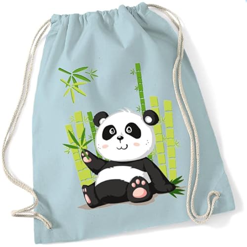 Turnbeutel für Kinder | Motiv Panda Paul mit Bambus | Schuhbeutel Sportrucksack Jutebeutel zum Zuziehen für Mädchen & Jungen | Stoffbeutel mit Kordel für Schule Kindergarten Freizeit (Pastellblau) von minimutz