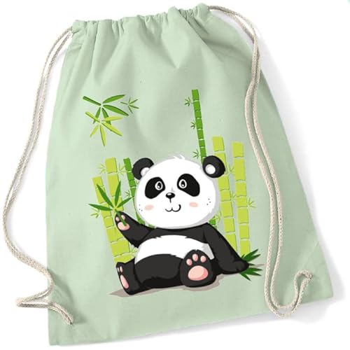 Turnbeutel für Kinder | Motiv Panda Paul mit Bambus | Schuhbeutel Sportrucksack Jutebeutel zum Zuziehen für Mädchen & Jungen | Stoffbeutel mit Kordel für Schule Kindergarten Freizeit (Pastellgrün) von minimutz