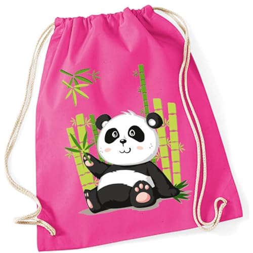 Turnbeutel für Kinder | Motiv Panda Paul mit Bambus | Schuhbeutel Sportrucksack Jutebeutel zum Zuziehen für Mädchen & Jungen | Stoffbeutel mit Kordel für Schule Kindergarten Freizeit (Pink) von minimutz