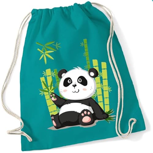 Turnbeutel für Kinder | Motiv Panda Paul mit Bambus | Schuhbeutel Sportrucksack Jutebeutel zum Zuziehen für Mädchen & Jungen | Stoffbeutel mit Kordel für Schule Kindergarten Freizeit (Türkis) von minimutz