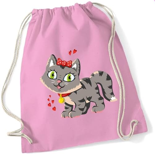 Turnbeutel für Kinder | Motiv kleine Katze mit Herzchen | Schuhbeutel Sportrucksack Jutebeutel zum Zuziehen für Mädchen & Jungen | Stoffbeutel mit Kordel für Schule Kindergarten Freizeit (Rosa) von minimutz