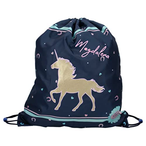 Turnbeutel für Mädchen inkl. Namen | Motiv Einhorn in Gold & Glitzer | dunkelblauer Schuhbeutel Sportbeutel inkl. NAMENSDRUCK von minimutz