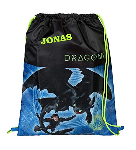 Turnbeutel mit Namen | Motiv Dragon in blau & schwarz | Drache personalisiert & bedruckt | Schuhbeutel Sportbeutel Jungen Kinder von minimutz