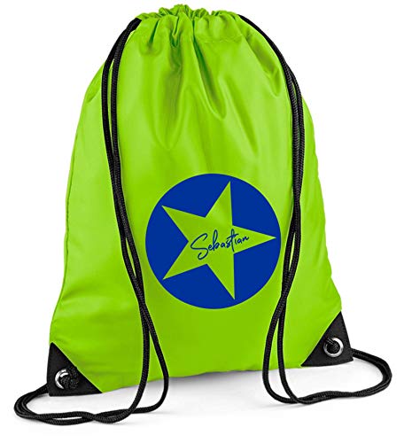 Turnbeutel mit Namen | Motiv Stern Sterne inkl. Namensdruck | personalisieren & bedrucken | Sportbeutel Schuhbeutel dunkel-blau für Jungen & Mädchen Kinder | Rucksack zum Zuziehen (limette) von minimutz