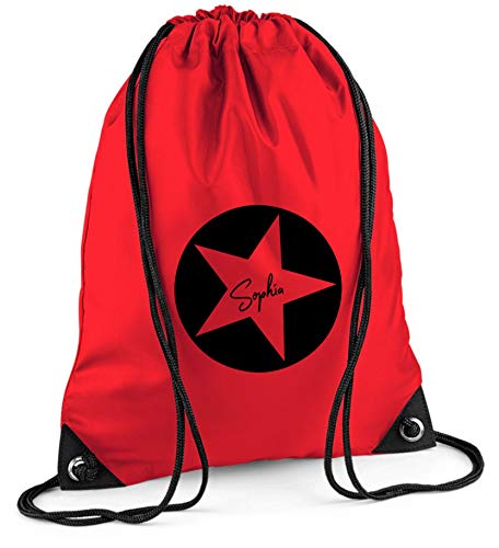 Turnbeutel mit Namen | Motiv Stern Sterne inkl. Namensdruck | personalisieren & bedrucken | Sportbeutel Schuhbeutel dunkel-blau für Jungen & Mädchen Kinder | Rucksack zum Zuziehen (rot) von minimutz