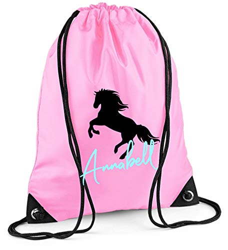 Turnbeutel mit Namen | Motiv aufsteigendes Pferd inkl. Namensdruck | personalisieren & bedrucken | Sportbeutel Schuhbeutel für Mädchen (rosa) von minimutz