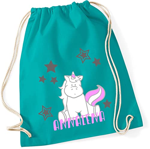 Turnbeutel mit Namen für Mädchen Kinder | inkl. NAMENSDRUCK | Motiv Einhorn sitzend | Stoffbeutel aus 100% Baumwolle(türkis) von minimutz