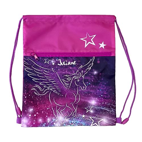 Turnbeutel mit Namen personalisiert | Motiv Pegasus fliegendes Pferd in lila & pink | Schuhbeutel Mädchen Sportbeutel für Kinder zum Zuziehen von minimutz