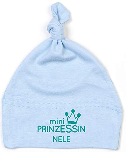 kleine Baby-Mütze mit Namen personalisiert | Motiv Prinzessin & Krone | für Neugeborene Mädchen zur Geburt und Taufe (hellblau) von minimutz