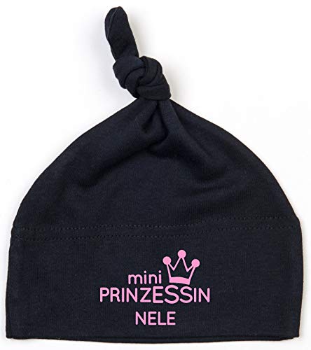 kleine Baby-Mütze mit Namen personalisiert | Motiv Prinzessin & Krone | für Neugeborene Mädchen zur Geburt und Taufe (schwarz) von minimutz