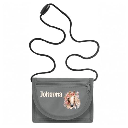 minimutz Geldbeutel Pferd Kinder personalisiert, Kindergeldbeutel mit Name, Brustbeutel Blumen Horse Mädchen (grau) von minimutz