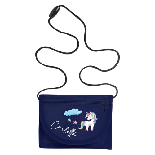 minimutz Geldbörse Kinder personalisiert, Kindergeldbeutel mit Name, Brustbeutel Einhorn Sterne Mädchen (Navy) von minimutz
