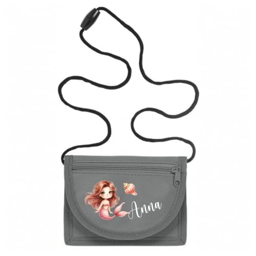 minimutz Geldbörse Kinder personalisiert, Kindergeldbeutel mit Name, Brustbeutel Meerjungfrau Mädchen (grau) von minimutz