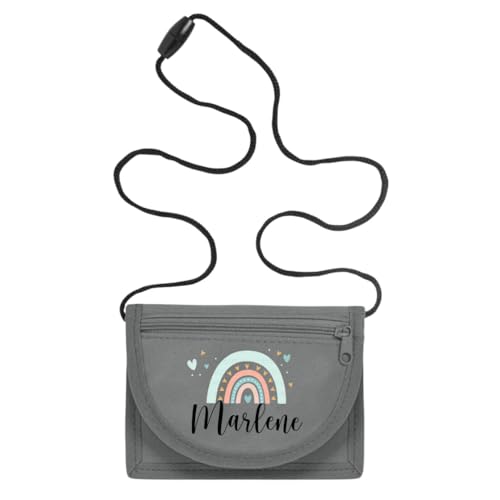 minimutz Geldbörse Kinder personalisiert, Kindergeldbeutel mit Name, Brustbeutel Regenbogen Herzen Mädchen (grau) von minimutz