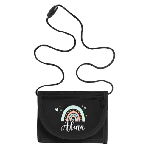 minimutz Geldbörse Kinder personalisiert, Kindergeldbeutel mit Name, Brustbeutel Regenbogen Herzen Mädchen (schwarz) von minimutz